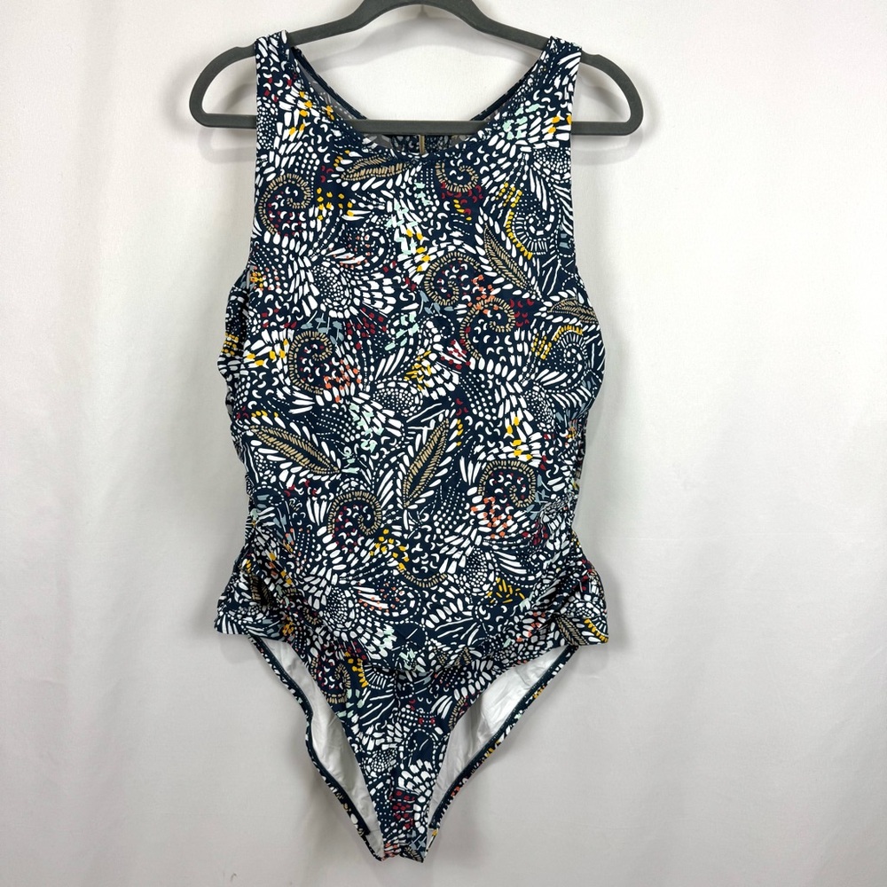 Jantzen Women’s Sz 18 One Piece Swimsuit Open Back Mesh Navy Paisley Floral NEW